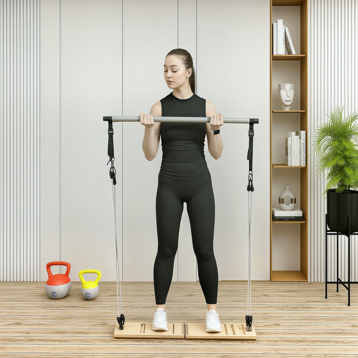 Barra de Pilates Conjunto de Pilates com 6 Faixas Elásticas Tábua Inclinada Ajustável para Treino de Corpo Inteiro em Casa 90x33x3 cm Cinza