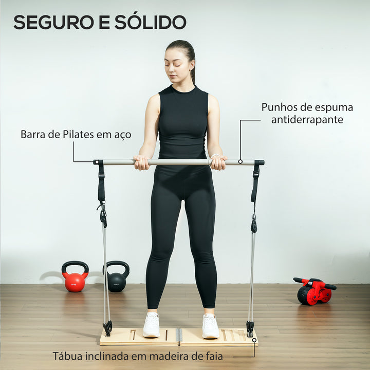 Barra de Pilates Conjunto de Pilates com 6 Faixas Elásticas Tábua Inclinada Ajustável para Treino de Corpo Inteiro em Casa 90x33x3 cm Cinza