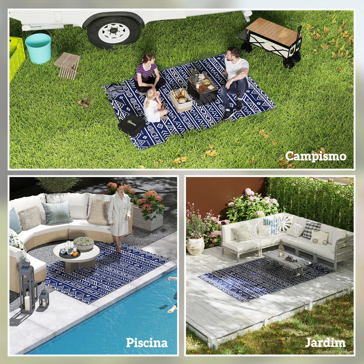 Tapete de Exterior 182x274 cm Tapete Reversível com Padrão Geométrico e Bolsa de Transporte para Varanda Pátio Campismo Praia Azul