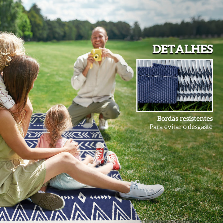 Tapete de Exterior 182x274 cm Tapete Reversível com Padrão Geométrico e Bolsa de Transporte para Varanda Pátio Campismo Praia Azul