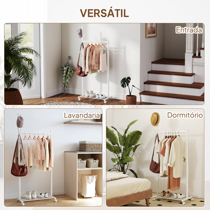 Charriot com Rodas Charriot com 5 Ganchos Barra para Pendurar e Prateleira Inferior Charriot para Dormitório Lavandaria 68x43x171 cm Branco