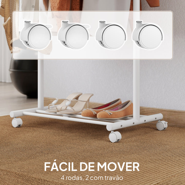 Charriot com Rodas Charriot com 5 Ganchos Barra para Pendurar e Prateleira Inferior Charriot para Dormitório Lavandaria 68x43x171 cm Branco