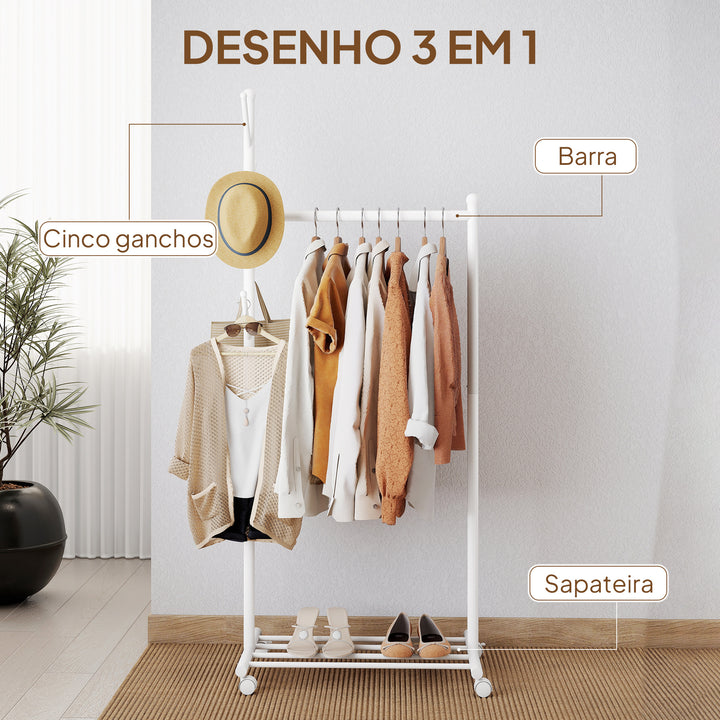 Charriot com Rodas Charriot com 5 Ganchos Barra para Pendurar e Prateleira Inferior Charriot para Dormitório Lavandaria 68x43x171 cm Branco