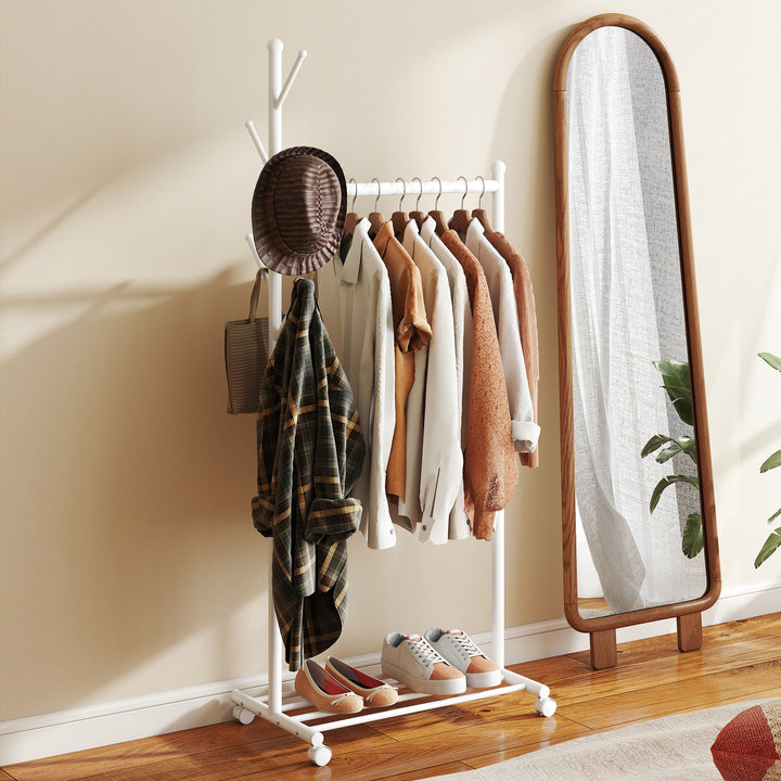 Charriot com Rodas Charriot com 5 Ganchos Barra para Pendurar e Prateleira Inferior Charriot para Dormitório Lavandaria 68x43x171 cm Branco