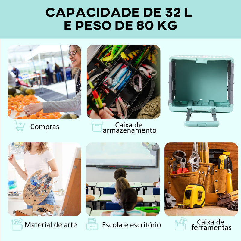 Carrinho de Armazenamento Dobrável Carrinho de Compras com 2 Rodas Comprimento de Pega Ajustável Capacidade 32L para Escritório Escola Casa 41,5x32,5x85 cm Verde