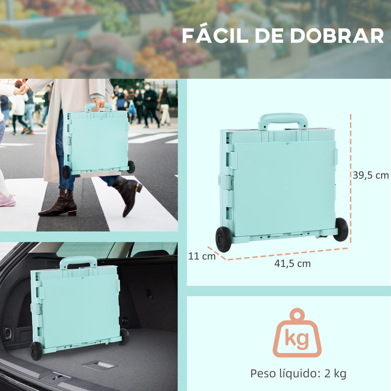 Carrinho de Armazenamento Dobrável Carrinho de Compras com 2 Rodas Comprimento de Pega Ajustável Capacidade 32L para Escritório Escola Casa 41,5x32,5x85 cm Verde