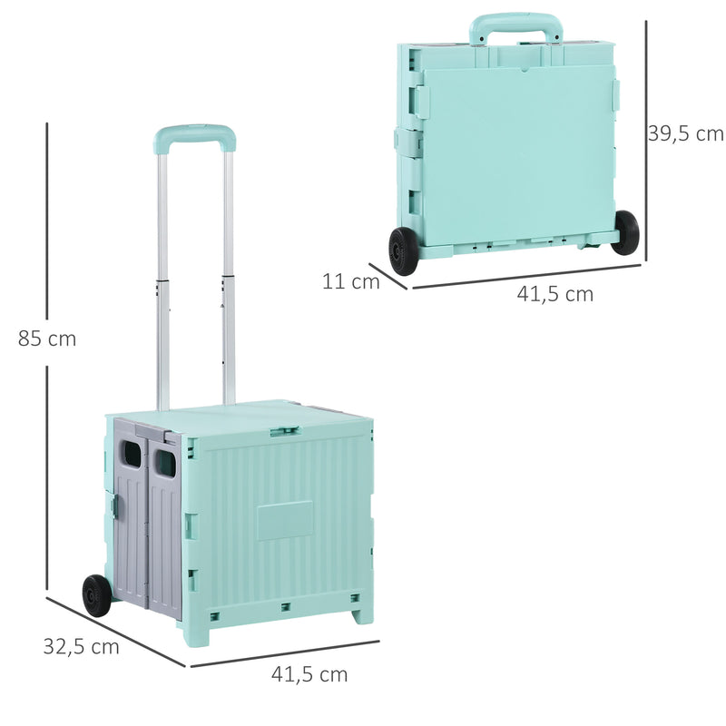 Carrinho de Armazenamento Dobrável Carrinho de Compras com 2 Rodas Comprimento de Pega Ajustável Capacidade 32L para Escritório Escola Casa 41,5x32,5x85 cm Verde