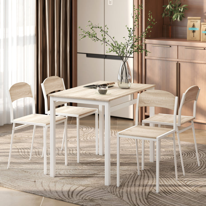 Conjunto de Mesa e Cadeiras de Refeição Mesa de Cozinha Retangular com 4 Cadeiras Estilo Moderno Estrutura Metálica para Espaços Pequenos Carvalho e Branco