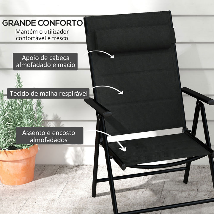 Conjunto de 2 Cadeiras de Campismo Dobráveis Cadeiras de Jardim com Apoios de Braços e Estrutura de Alumínio Capacidade de Carga 130 kg para Terraço e Praia 54x67x108 cm, Preto