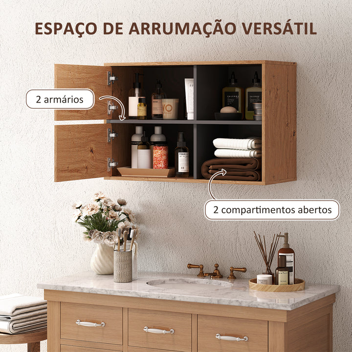 Móvel Auxiliar Casa de Banho Móvel para Casa de Banho de Parede com Compartimentos Abertos e 2 Portas Móvel Casa de Banho Moderno 80x35x57,5 cm Madeira