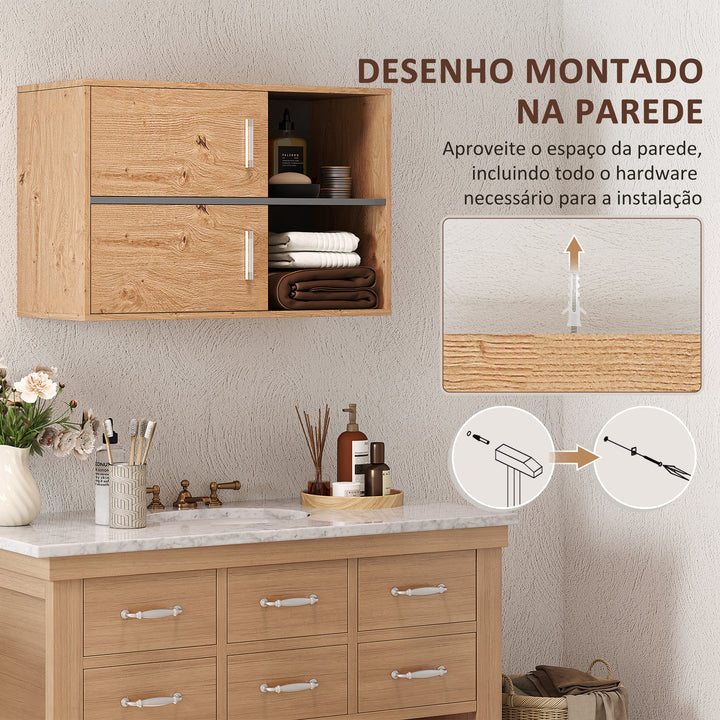 Móvel Auxiliar Casa de Banho Móvel para Casa de Banho de Parede com Compartimentos Abertos e 2 Portas Móvel Casa de Banho Moderno 80x35x57,5 cm Madeira