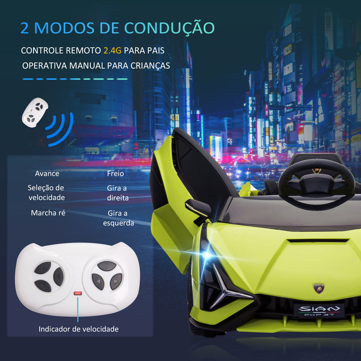 Carro Elétrico Lamborghini SIAN 12V para Crianças acima de 3 Anos com Controle Remoto Abertura da Porta Música MP3 USB e Faróis 108x62x40cm Verde