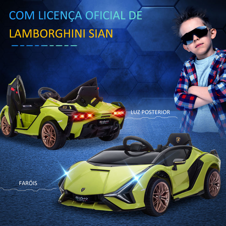 Carro Elétrico Lamborghini SIAN 12V para Crianças acima de 3 Anos com Controle Remoto Abertura da Porta Música MP3 USB e Faróis 108x62x40cm Verde