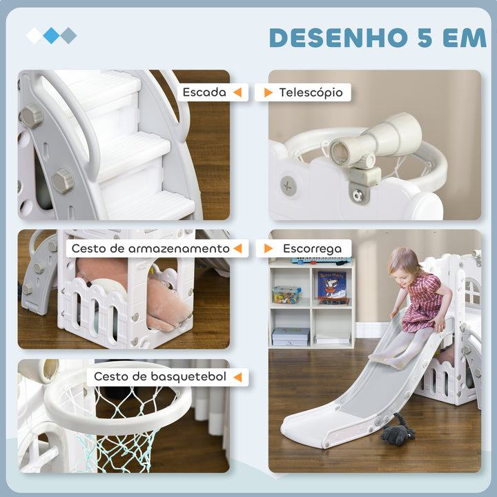 Escorrega Infantil 5 em 1 Escorrega para Crianças de 1-3 Anos com Cesto de Basquetebol Telescópio Escalador e Cesta Inferior para Interior e Exterior 70x177x92 cm Branco e Cinza