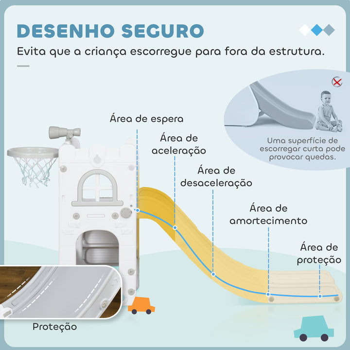 Escorrega Infantil 5 em 1 Escorrega para Crianças de 1-3 Anos com Cesto de Basquetebol Telescópio Escalador e Cesta Inferior para Interior e Exterior 70x177x92 cm Branco e Cinza