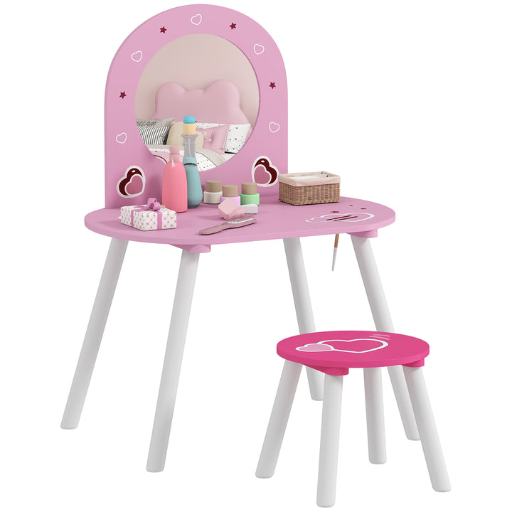 Toucador Infantil com Banco e Espelho Toucador para Meninas com Desenhos de Corações Mesa de Maquilhagem para Crianças de 3-6 Anos 60x43,5x83 cm Rosa