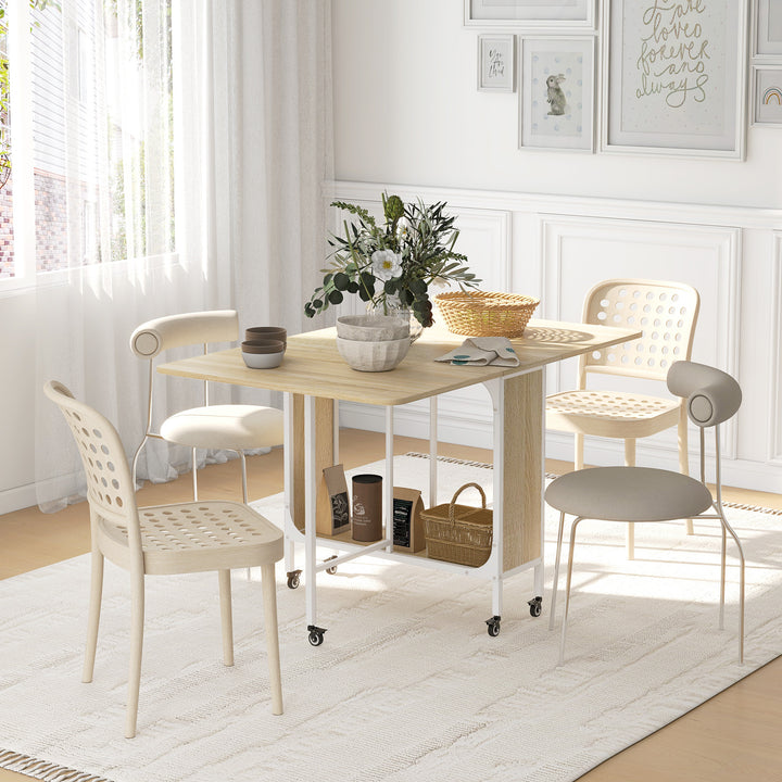 Mesa de Cozinha Dobrável Mesa de Refeição Dobrável com Rodas Laterais Abatíveis e Prateleira Mesa Dobrável para Sala de Jantar 130x80x74 cm Madeira e Branco
