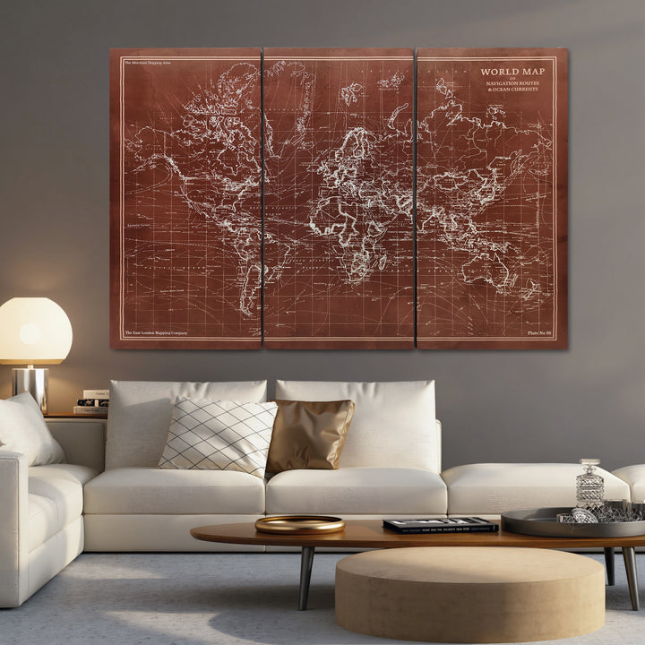 Quadros Decorativos Mapa Múndi Vintage Pintados à Mão 120x60 cm Quadros de Arte de Parede com Moldura de Madeira Decoração Elegante para Quarto Salão Cozinha Castanho