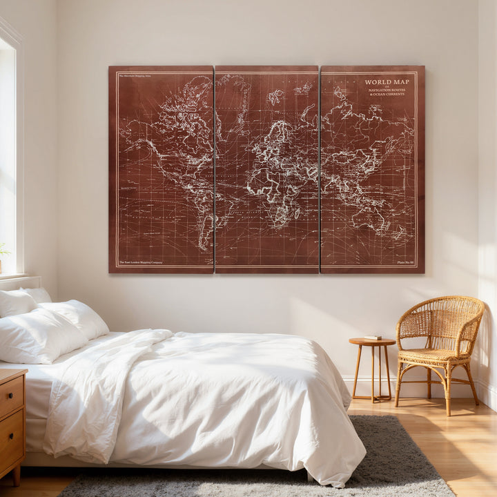 Quadros Decorativos Mapa Múndi Vintage Pintados à Mão 120x60 cm Quadros de Arte de Parede com Moldura de Madeira Decoração Elegante para Quarto Salão Cozinha Castanho