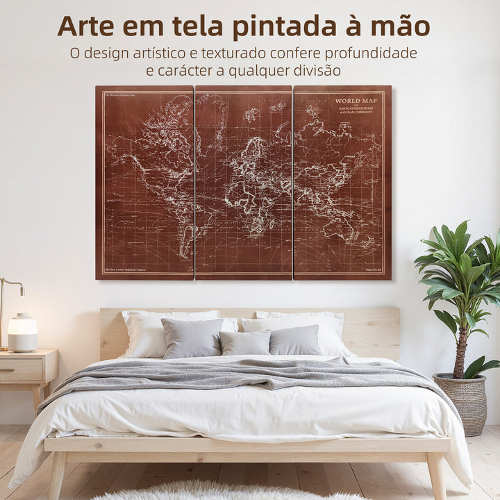 Quadros Decorativos Mapa Múndi Vintage Pintados à Mão 120x60 cm Quadros de Arte de Parede com Moldura de Madeira Decoração Elegante para Quarto Salão Cozinha Castanho