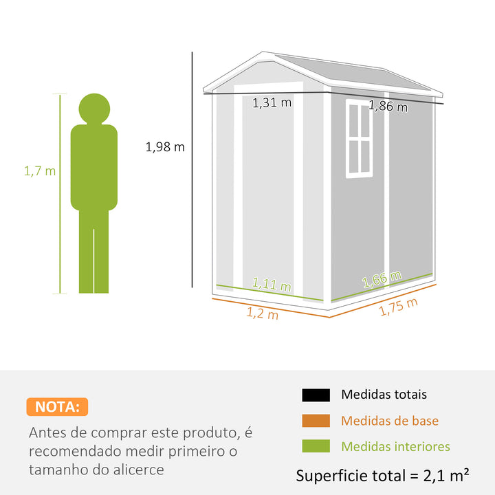 Abrigo de Jardim Exterior 2,1 m² 131x186x198 cm Abrigo de Jardim Exterior com Piso Janela Porta com Fechadura Ventilações para Armazenamento de Ferramentas Cinzento