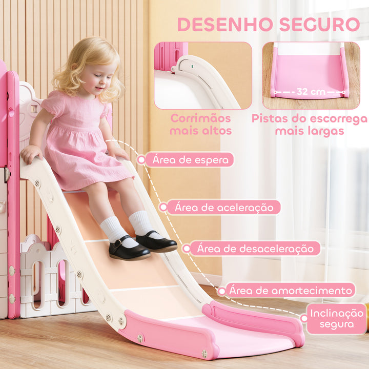 Escorrega Infantil 7 em 1 para Crianças dos 1 aos 3 Anos Tema de Sapo com Aro de Basquetebol Túnel, Quadro Telescópio de Brincar Trepador e Caixas, Interior e Exterior 176x150x94 cm Rosa