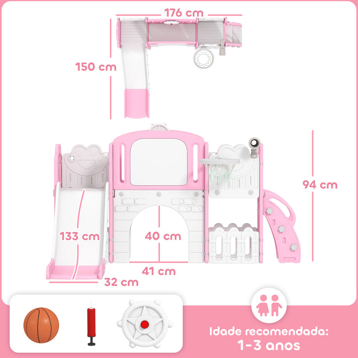 Escorrega Infantil 7 em 1 para Crianças dos 1 aos 3 Anos Tema de Sapo com Aro de Basquetebol Túnel, Quadro Telescópio de Brincar Trepador e Caixas, Interior e Exterior 176x150x94 cm Rosa