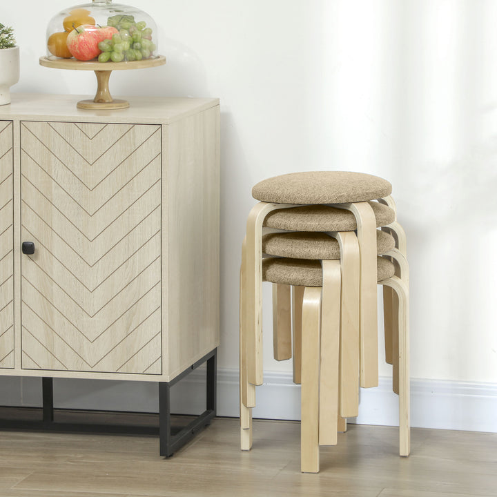 Conjunto de 4 Bancos Empilháveis Redondos Bancos Baixos de Cozinha com Assento Acolchoado para Sala de Jantar Quarto Escritório Sala Caqui e Madeira