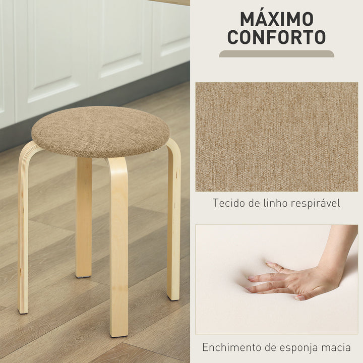 Conjunto de 4 Bancos Empilháveis Redondos Bancos Baixos de Cozinha com Assento Acolchoado para Sala de Jantar Quarto Escritório Sala Caqui e Madeira