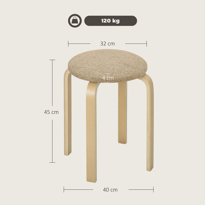 Conjunto de 4 Bancos Empilháveis Redondos Bancos Baixos de Cozinha com Assento Acolchoado para Sala de Jantar Quarto Escritório Sala Caqui e Madeira