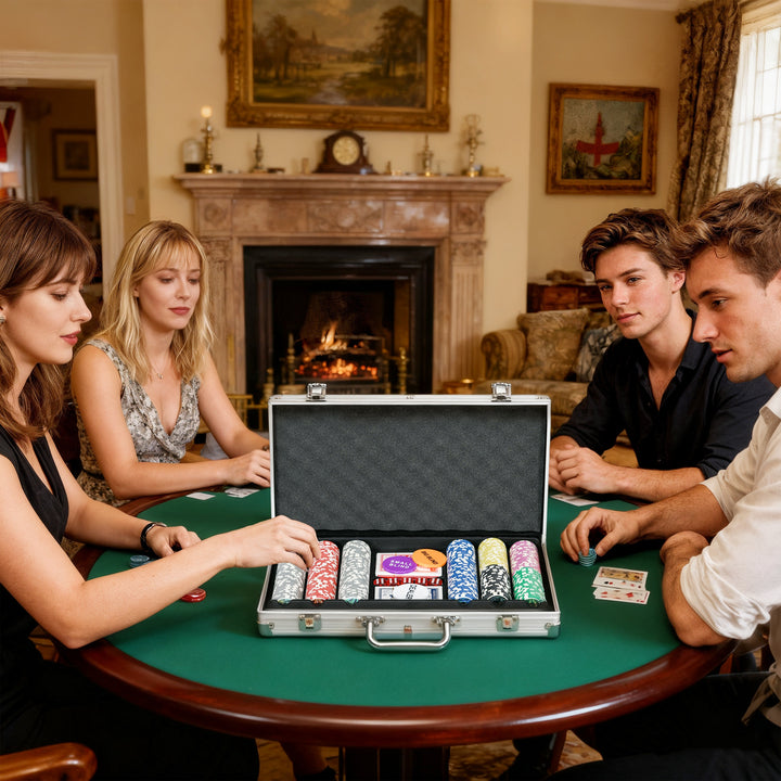 Conjunto de Póquer Profissional Mala de Póquer de Alumínio com 300 Fichas de 11,5 g 2 Baralhos de Cartas 5 Dados Tapete e Botão de Crupiê para 7-8 Jogadores com Fechadura Prateado
