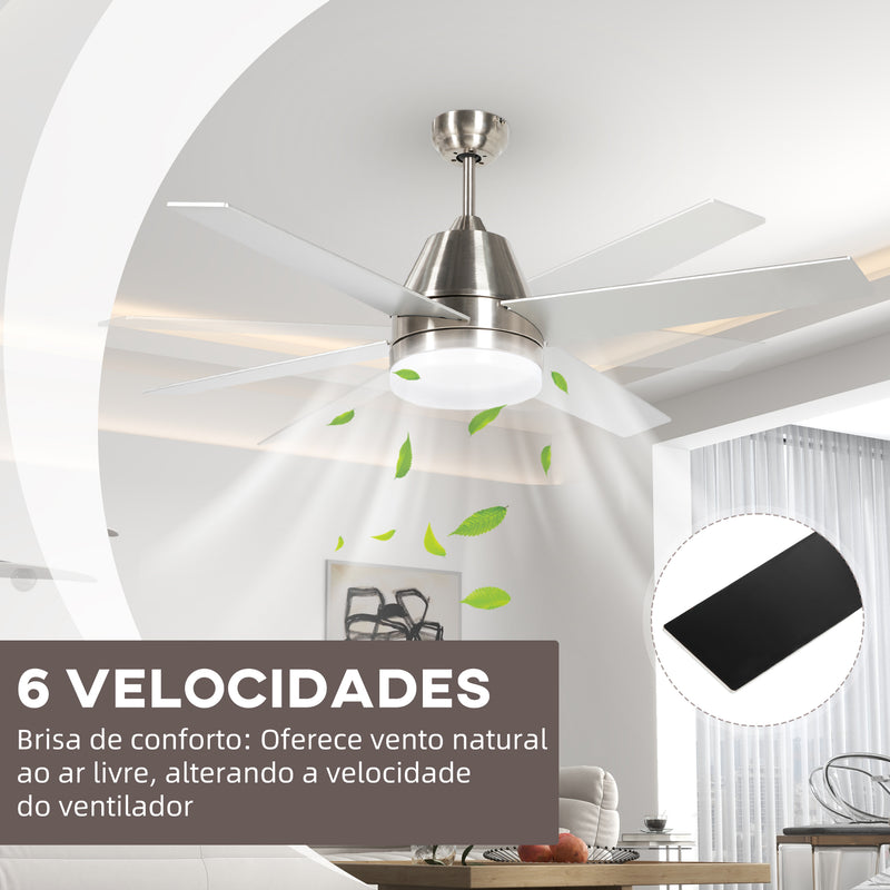 Ventoinha de Teto com Luz 46W Ø129 cm Motor DC Ventoinha de Teto Silencioso com 4 Lâminas Reversíveis Controlo Remoto 6 Velocidades e Temporizador para Quarto Sala Prata