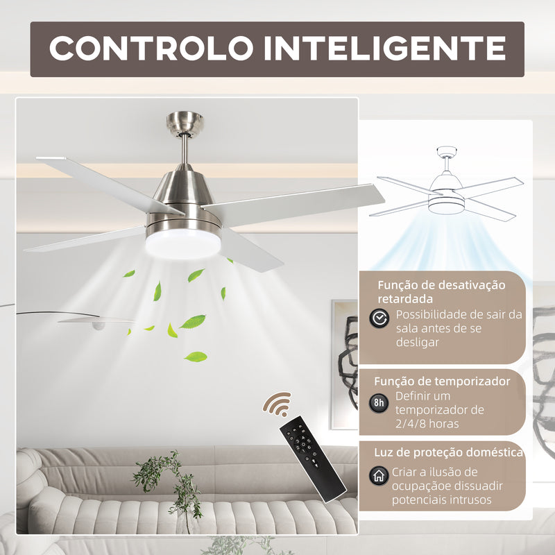 Ventoinha de Teto com Luz 46W Ø129 cm Motor DC Ventoinha de Teto Silencioso com 4 Lâminas Reversíveis Controlo Remoto 6 Velocidades e Temporizador para Quarto Sala Prata