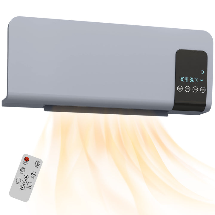 Aquecedor Elétrico de Parede 1000W/2000W Aquecedor com Ecrã LED Controlo Remoto Termostato Temporizador para Áreas de 15-20 m² 54,5x12x21,5 cm Cinzento