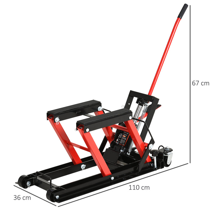 Macaco hidráulico de aço para motocicleta Suporte 680 kg 110x36x67 cm Preto e Vermelho