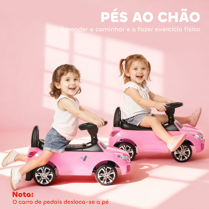 Carro Andador para Crianças de 18-36 Meses com Faróis Música Buzina Volante Compartimento de Armazenamento e Alça para Empurrar 63,5x28x36 Rosa