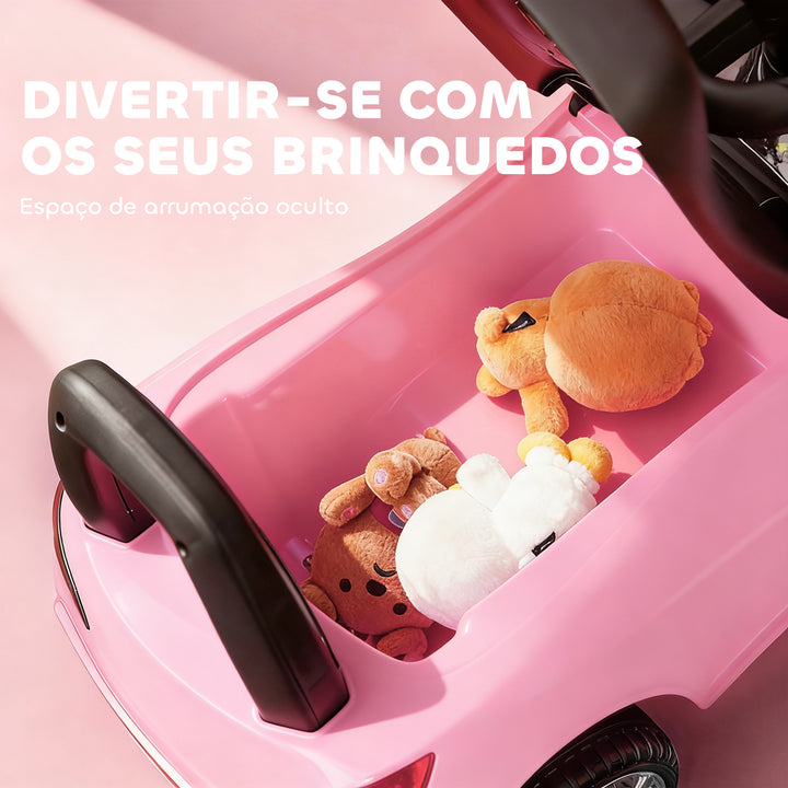 Carro Andador para Crianças de 18-36 Meses com Faróis Música Buzina Volante Compartimento de Armazenamento e Alça para Empurrar 63,5x28x36 Rosa
