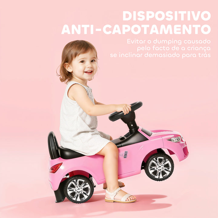 Carro Andador para Crianças de 18-36 Meses com Faróis Música Buzina Volante Compartimento de Armazenamento e Alça para Empurrar 63,5x28x36 Rosa