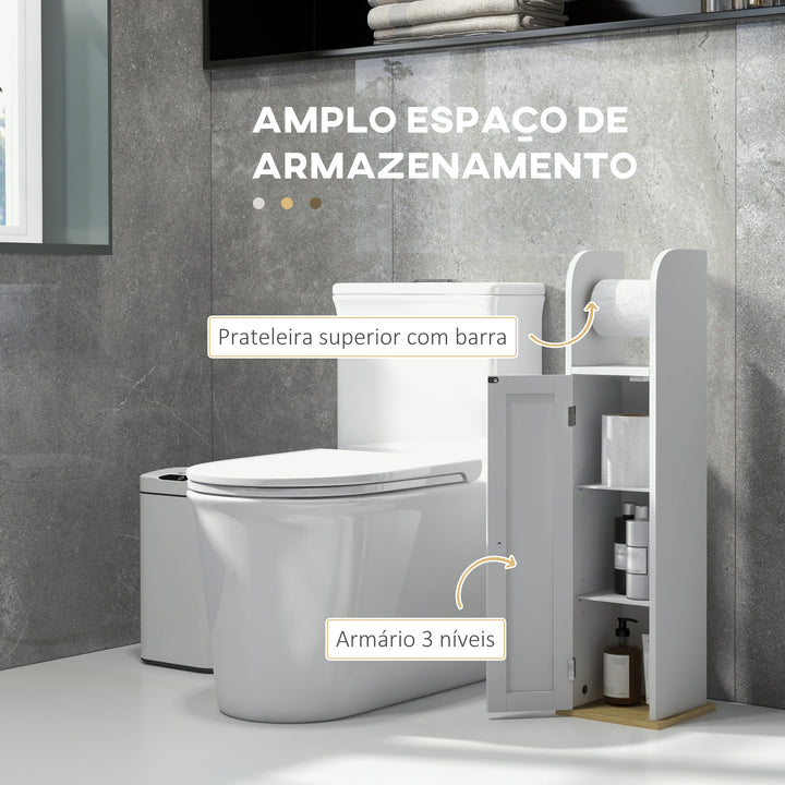 Armário Casa de Banho Armário Auxiliar Casa de Banho com Prateleiras Ajustáveis e Suporte para Papel Higiénico 20x20x80 cm Branco