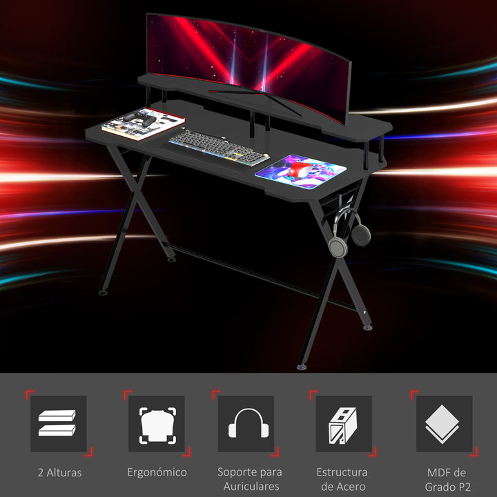 Mesa gaming para jogos secretária com suporte para monitor e fones de ouvido 140x60x90 cm Preto