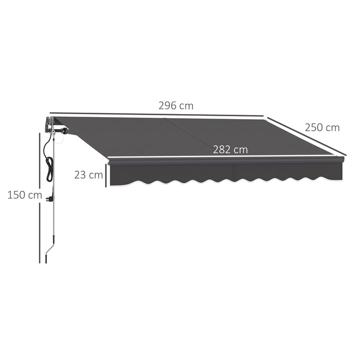 Toldo Elétrico Retrátil com Controlo Remoto 296x250 cm Toldo de Exterior Enrolável com Manivela Estrutura de Alumínio e Proteção UV30+ para Jardim Porta Janela Cinza