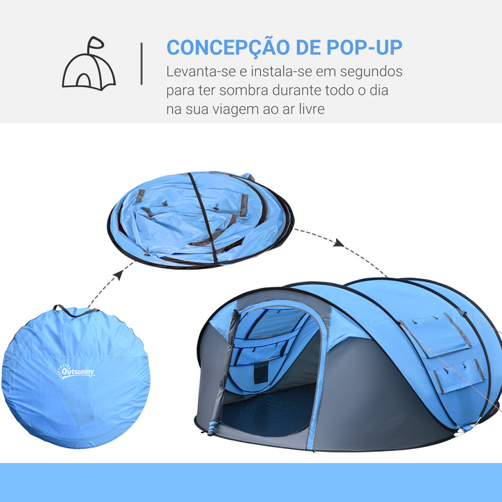 Tenda de Campismo Pop-up para 4-5 Pessoas Tenda de Campismo Instantânea com Janelas Bolsos e Bolsa de Transporte Impermeável Anti-UV 263,5x220x123 cm Azul