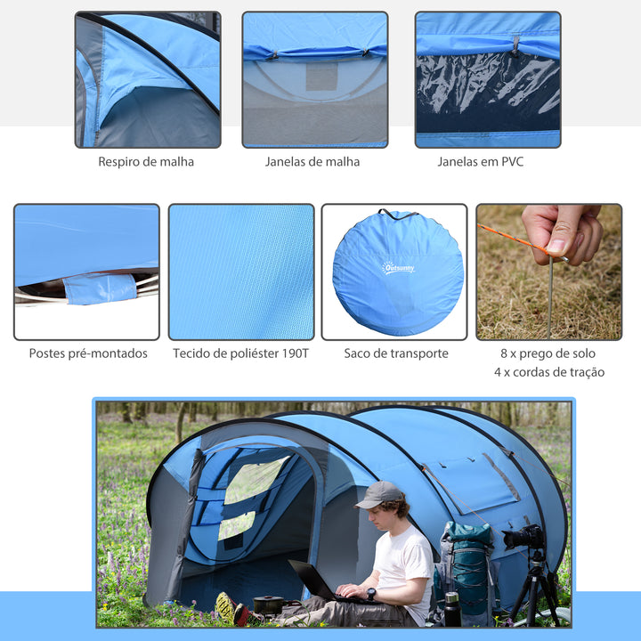 Tenda de Campismo Pop-up para 4-5 Pessoas Tenda de Campismo Instantânea com Janelas Bolsos e Bolsa de Transporte Impermeável Anti-UV 263,5x220x123 cm Azul