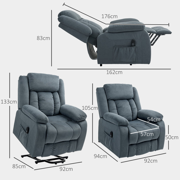 Poltrona Relax Reclinável Elétrica Levanta Pessoas com Porta USB Controlo Remoto Assento Largo Apoio para os Pés Estofada em Tecido Aveludado Cinzento