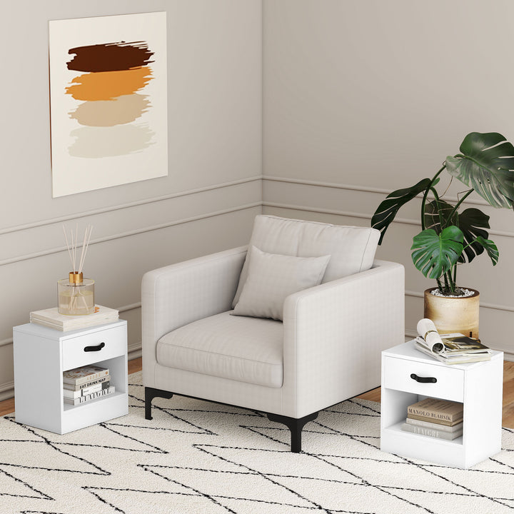 Conjunto de 2 Mesas de Cabeceira Mesas de Cabeceira para Dormitório Estreitas com Gaveta e Compartimento Aberto 39x28x41 cm Branco