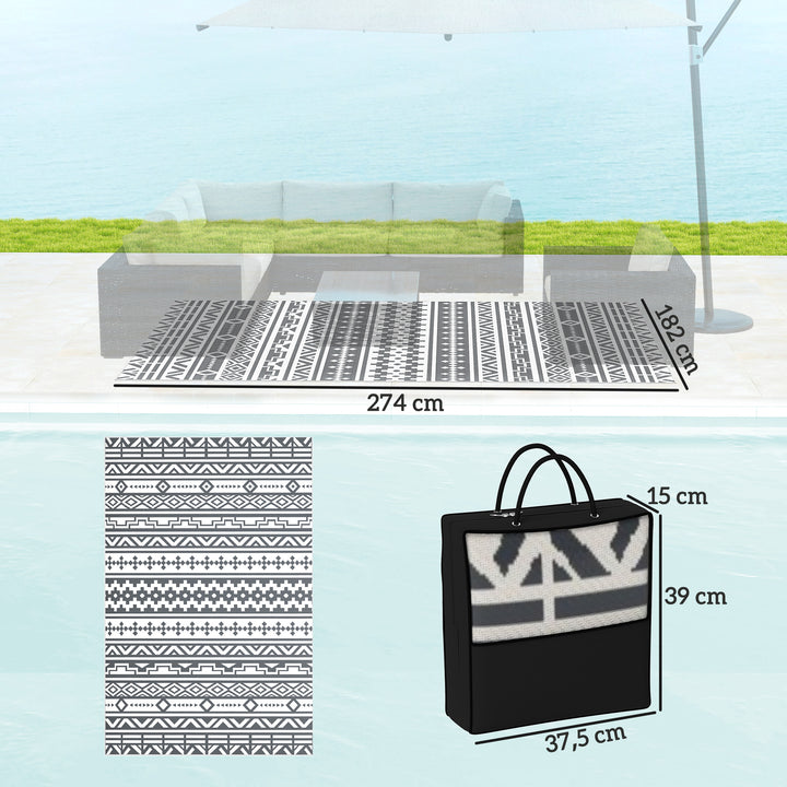 Tapete de Exterior 182x274 cm Tapete Reversível com Desenho Geométrico Impermeável e Bolsa de Transporte para Varanda Pátio Campismo Praia Cinza Escuro