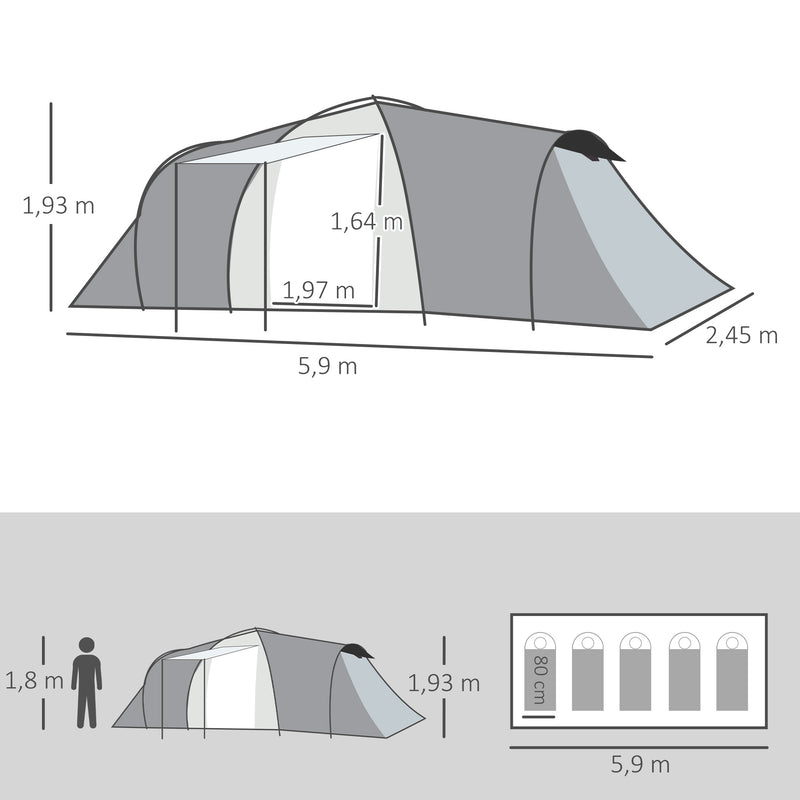 Tenda de Campismo Familiar para 4-6 Pessoas Tenda de Campismo Dobrável com 2 Janelas e Bolsa de Transporte Impermeável Anti-UV para Caminhadas 590x245x193 cm Cinza