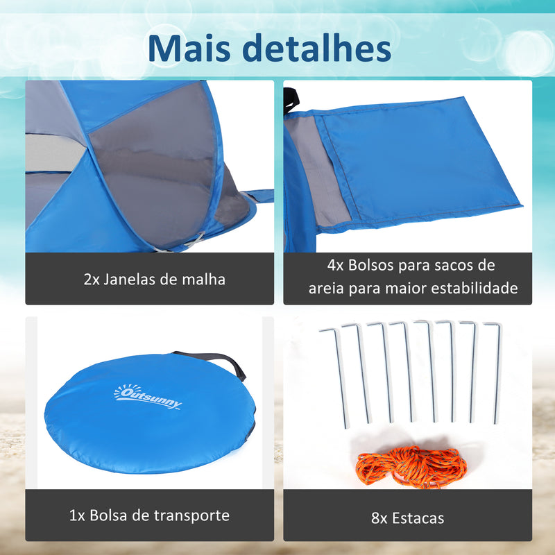 Tenda de Praia Dobrável Pop-Up para 1-2 Pessoas com 1 Porta 2 Janelas e Bolsa de Transporte para Parque Campismo 200x120x90 cm Azul