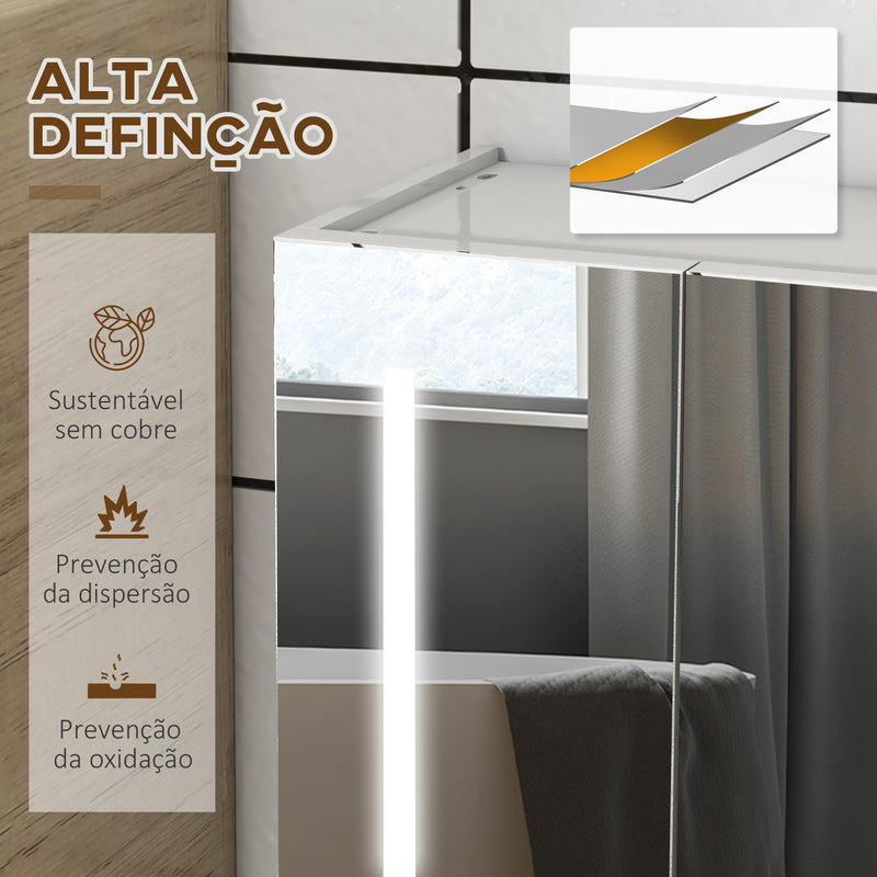 Armário Casa de Banho com Espelho e Luz LED Móvel Casa de Banho de Parede com 3 Portas Prateleiras Ajustáveis Interruptor Tátil 90x15x70 cm Branco Brilhante