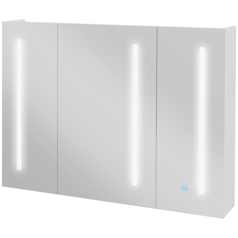 Armário Casa de Banho com Espelho e Luz LED Móvel Casa de Banho de Parede com 3 Portas Prateleiras Ajustáveis Interruptor Tátil 90x15x70 cm Branco Brilhante